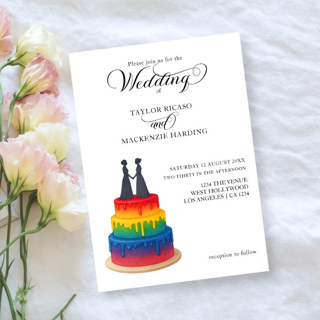 Convite Bolo arco-íris e gay de roteiro elegante (Rainbow cake and elegant script gay wedding invitation by Ricaso. Exclusive to Zazzle.)