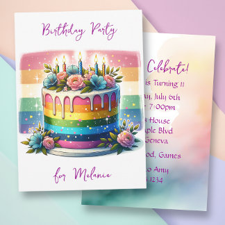 Convite Bolo Arco-Íris Pastel | Festa de aniversário