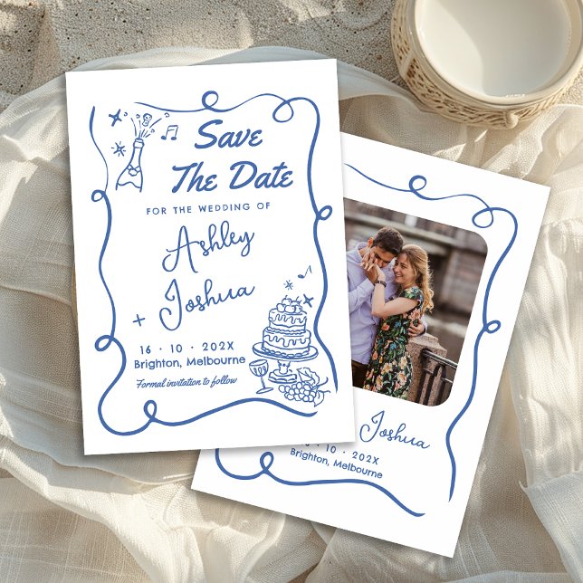 Convite Bolo Azul Whimsical Desenhado Mão Salve A Ficha De (Whimsical Blue Hand Drawn Wedding Save The Date Card, Trendy Blue Line Save The Date Card With Photo)