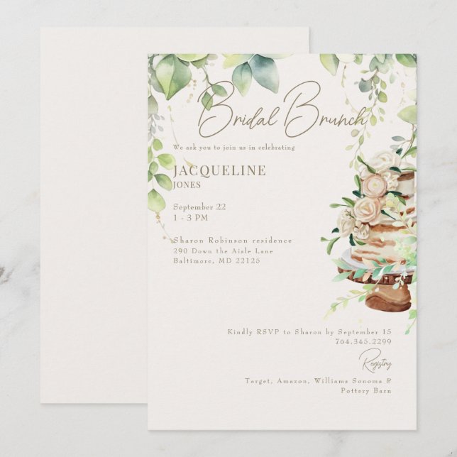 Convite Bolo Botânico Brunch Nupcial (Frente/Verso)