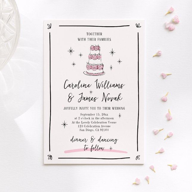 Convite Bolo branco rosa e scrip desenhado à mão (Criador carregado)