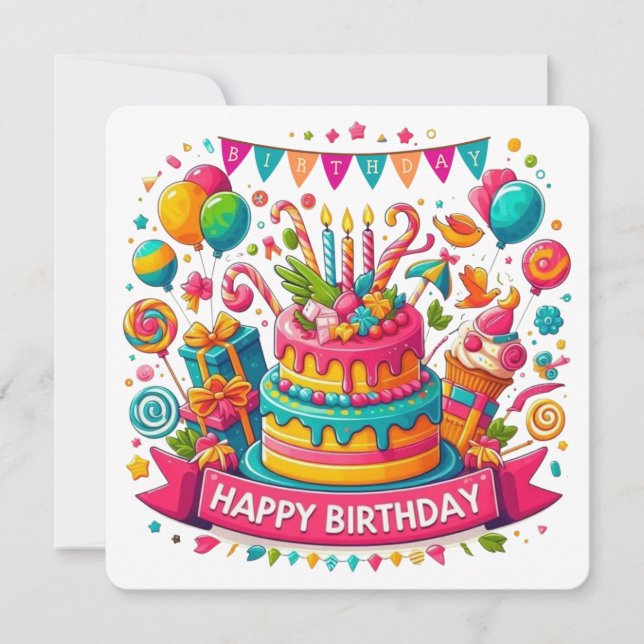 Convite Bolo Colorido de Aniversário Celebração (Frente)