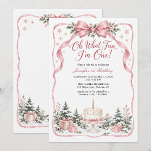 Convite Bolo com Laço Rosa e Vela Primeiro Aniversário de 