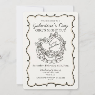 Convite Bolo Coquette Coração Retro Laço Bege Galentine