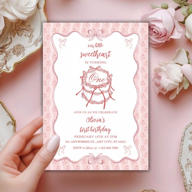 Convite Bolo Cor-de-Rosa Namorada Primeiro Aniversário (Criador carregado)