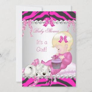 Convite Bolo Cute Loura Festa de Bebê Menina Zebra Rosa