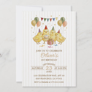 Convite Bolo de 1º Aniversário Galinhas em Aquarela Neutro