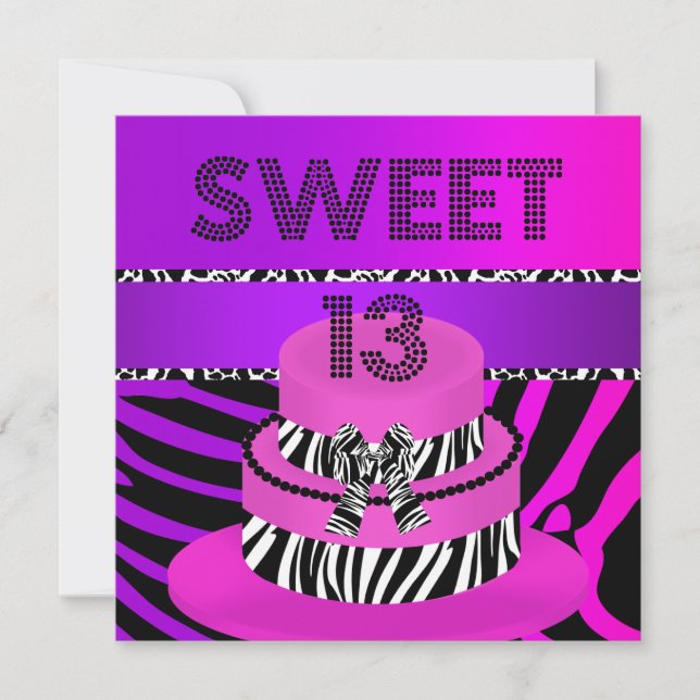 Convite Bolo de 13 anos de idade zebra roxo rosa doce (Frente)