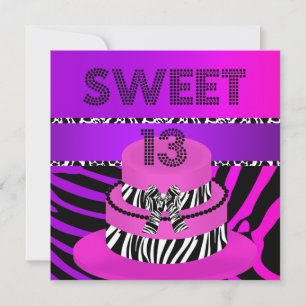 Convite Bolo de 13 anos de idade zebra roxo rosa doce