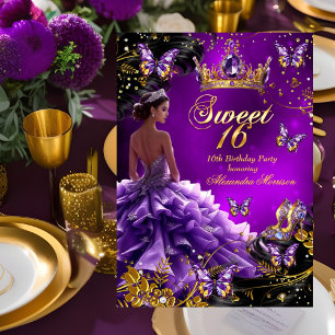 Convite Bolo de 16 anos roxo Dourado Vestido Borboleta