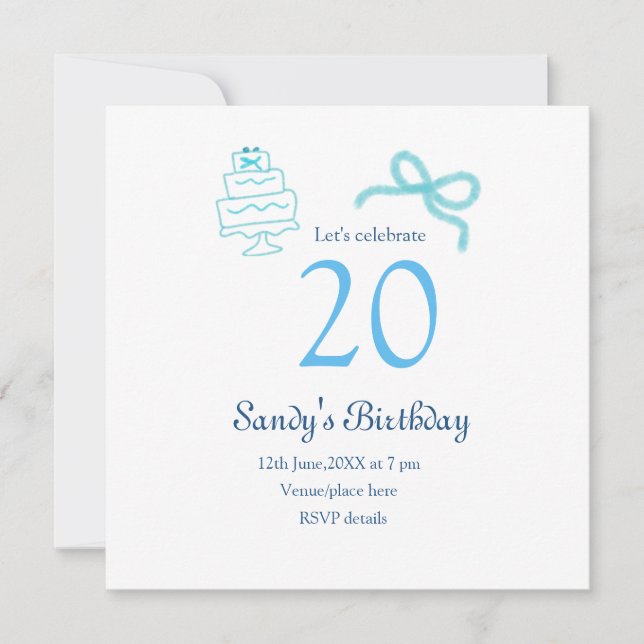 Convite Bolo de 20º aniversário com laço azul nome data pa (Frente)