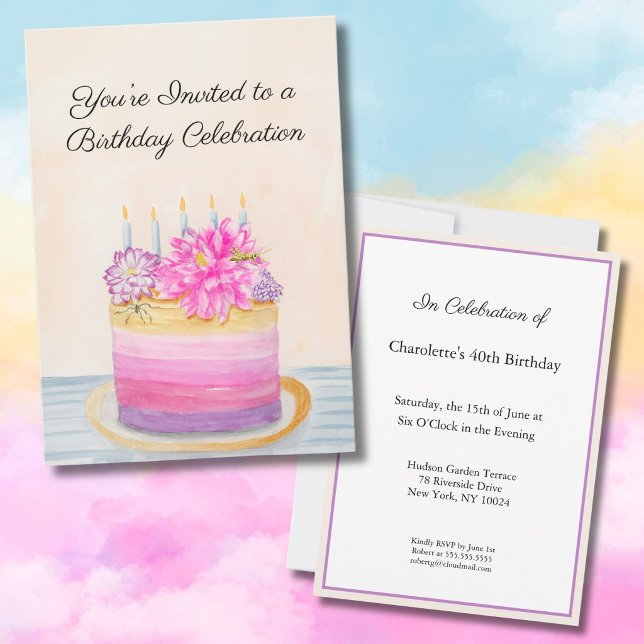 Convite Bolo de 40º Aniversário com Dahlia e Inseto do Jar (Criador carregado)