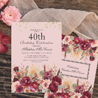 Bolo de 40 anos em floral burgundy rosa com brilho