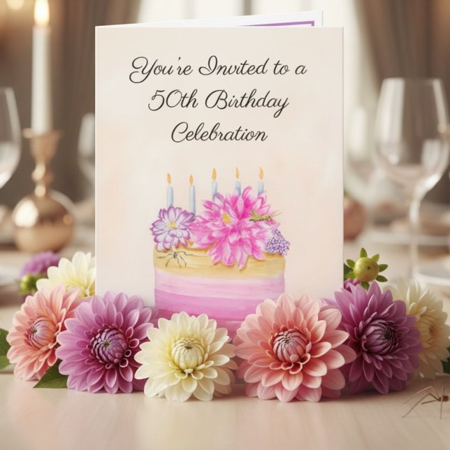 Convite Bolo de 50º Aniversário com Dahlia e Inseto de Jar (Criador carregado)