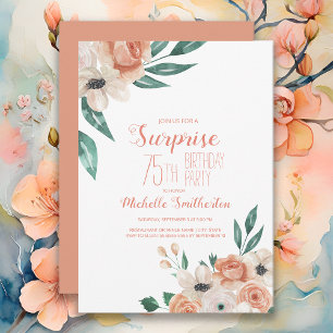 Convite Bolo de 75 anos Floral Creme Pêssego Bonito