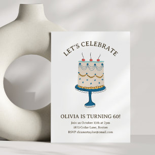 Convite Bolo de Aniversário Azul Vintage Doodle Celebração