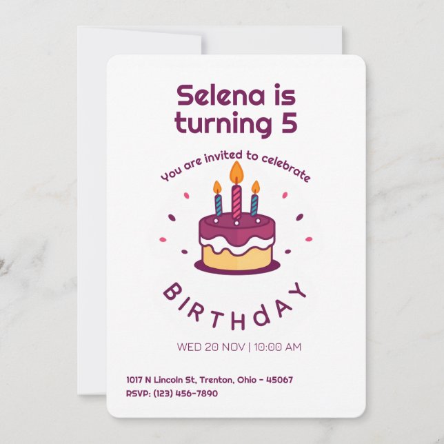 Convite Bolo de aniversário bonito com velas (Frente)