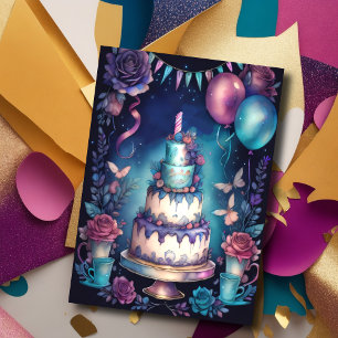 Convite Bolo de Aniversário com Balões de Aquarela Azul-Ma