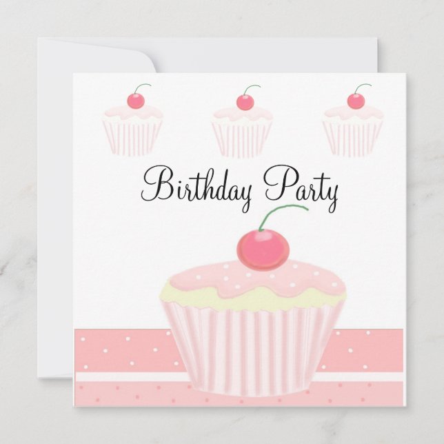 Convite Bolo de Aniversário com Cupcake Rosa (Frente)