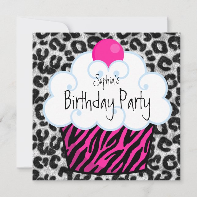 Convite Bolo de Aniversário com Meninas de Zebra Rosa Neon (Frente)