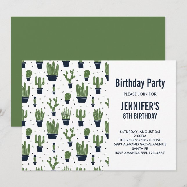 Convite Bolo de Aniversário com Padrão de Cactos Verdes Fo (Frente/Verso)