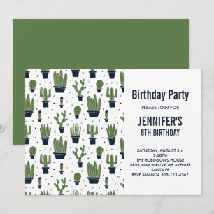 Convite Bolo de Aniversário com Padrão de Cactos Verdes Fo