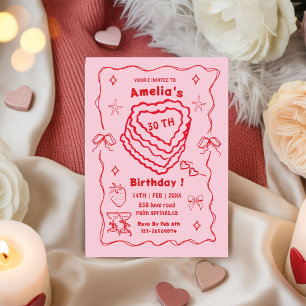 Convite Bolo de Aniversário Coração Rosa e Vermelho Qualqu