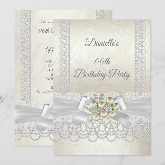 Convite Bolo de Aniversário Creme Pérola em Renda Damask D (Frente/Verso)