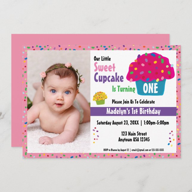 Convite Bolo de Aniversário Cupcake Gelado Com Confeitos (Frente/Verso)