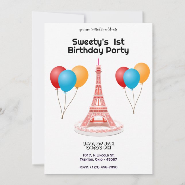 Convite Bolo de Aniversário da Torre Eiffel em Paris (Frente)