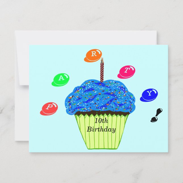 Convite Bolo de Aniversário de 10 Anos com Cupcakes Azuis  (Frente)