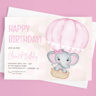 Convite Bolo de Aniversário de 1 ano com Elefante Rosa Fof