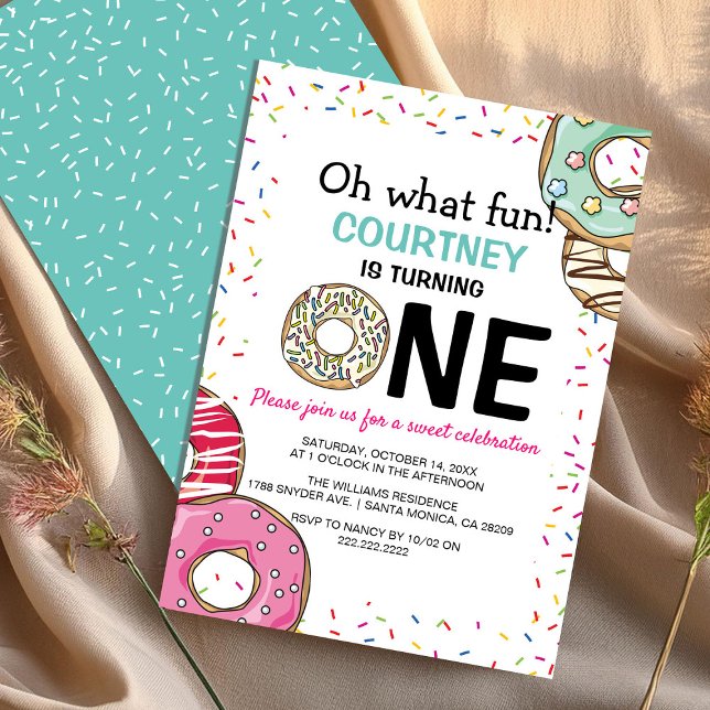 Convite Bolo de Aniversário de 1 Ano Cute Oh What Fun Donu (Criador carregado)
