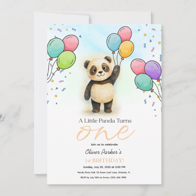 Convite Bolo de Aniversário de 1 Ano do Panda Bebê Fofa Be (Frente)