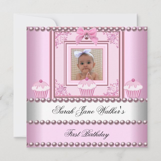 Convite Bolo de Aniversário de 1 Ano Menina Rosa Pérolas B (Frente)