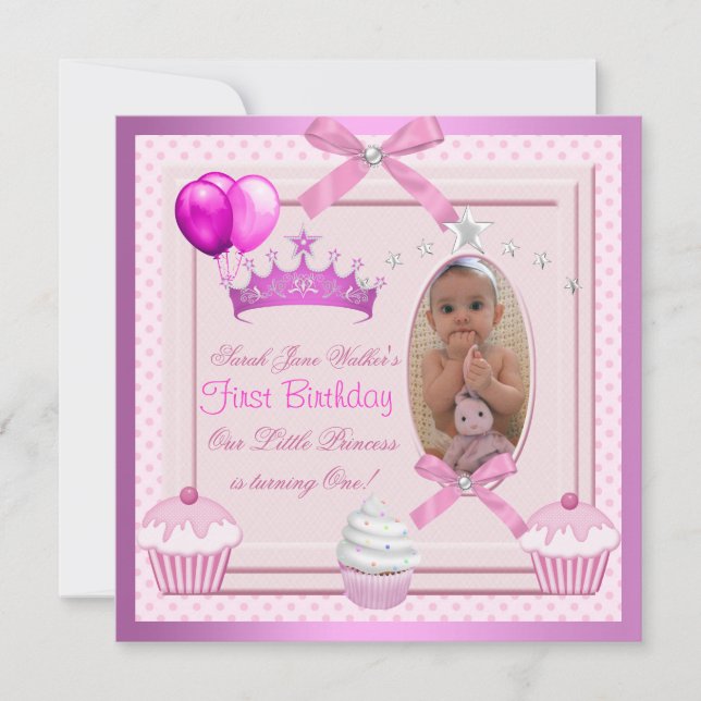 Convite Bolo de Aniversário de 1 Ano Menina Rosa Pérolas B (Frente)