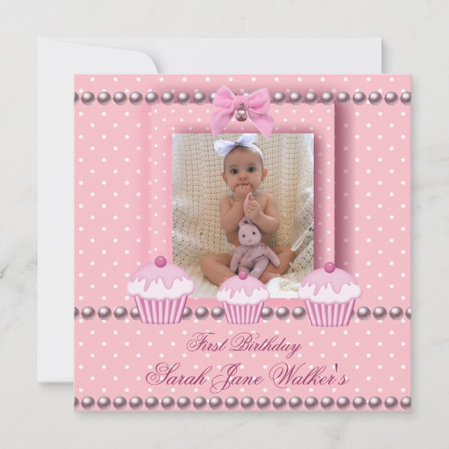 Convite Bolo de Aniversário de 1 Ano Menina Rosa Pérolas B (Frente)