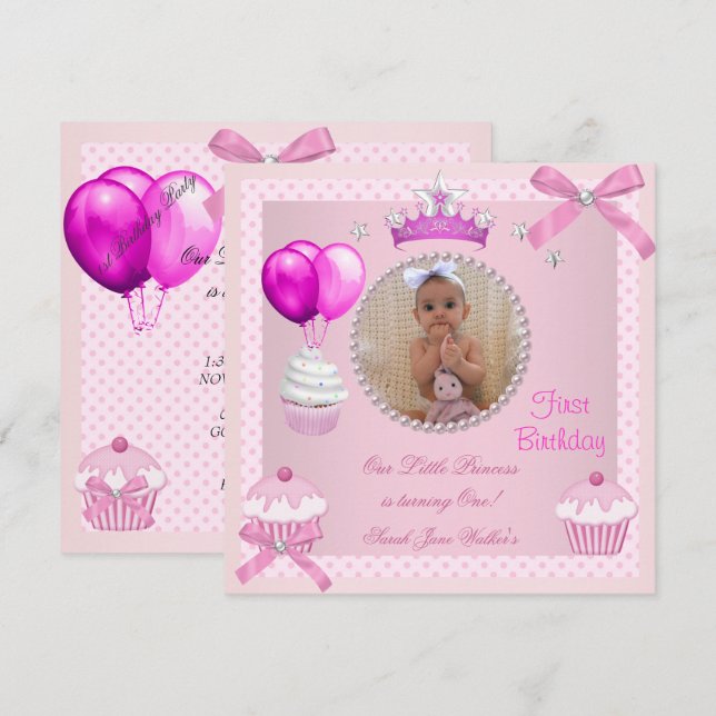 Convite Bolo de Aniversário de 1 Ano Menina Rosa Pérolas B (Frente/Verso)