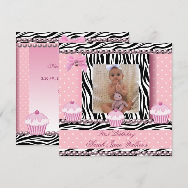 Convite Bolo de Aniversário de 1 Ano Menina Rosa Zebra Beb (Frente/Verso)
