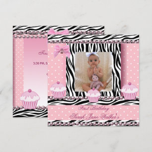 Convite Bolo de Aniversário de 1 Ano Menina Rosa Zebra Beb