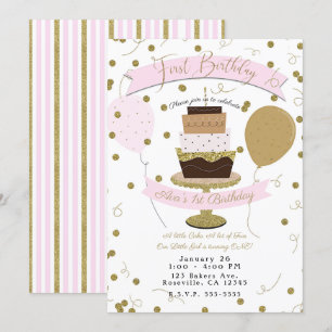 Convite Bolo de Aniversário de 1 Ano Rosa e Dourado, o Açú