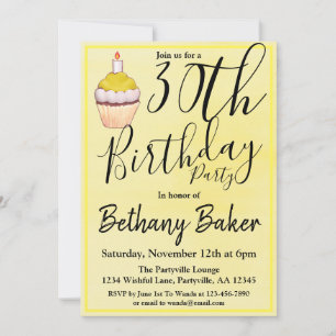 Convite Bolo de Aniversário de 30 anos em Aquarela Amarela