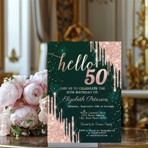 Convite Bolo de Aniversário de 50 anos Rosa Dourado Modern