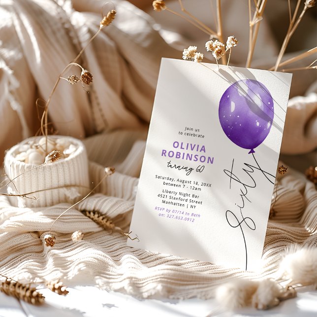 Convite Bolo de Aniversário de 60 anos Balão Roxo Fashion (Criador carregado)