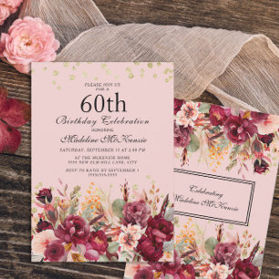 Convite Bolo de Aniversário de 60 anos em Floral Burgundy