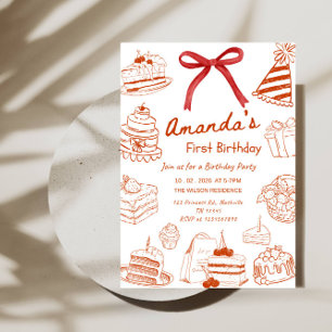 Convite Bolo de Aniversário de Arte de Linha Minimalista 1