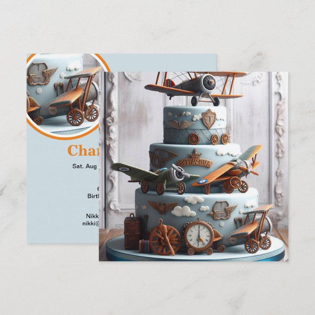 Convite Bolo de Aniversário de Avião Vintage Retro Vibe (Frente/Verso)