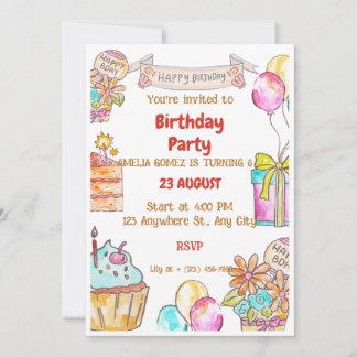 Convite Bolo de Aniversário de Balões de Aquarela Cupcake