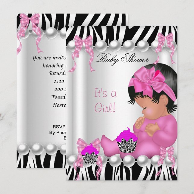 Convite Bolo de aniversário de bebê menina zebra rosa fofo (Frente/Verso)