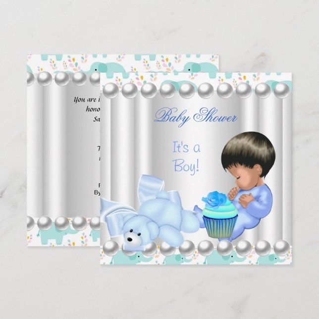 Convite Bolo de aniversário de bebê menino azul fofo (Frente/Verso)